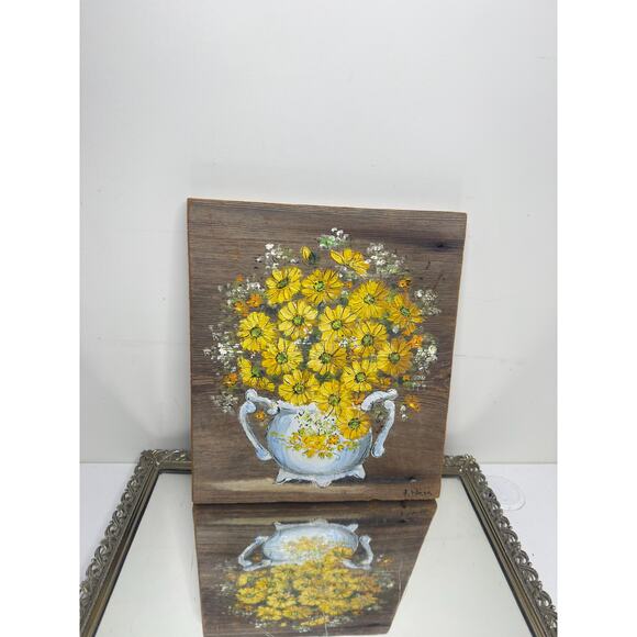 Vintage Signed Yellow Floral Still life on wood plaque , Country Cottage Farmhou - Picture 3 of 9